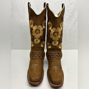 Reyme Brown Floral Embroidered Western Women's Boots, SZ 7.5 US